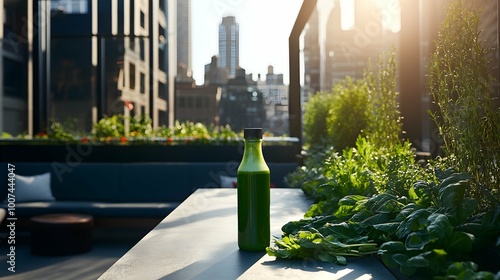 Green Juice Bottle on Cafe Table with City View.