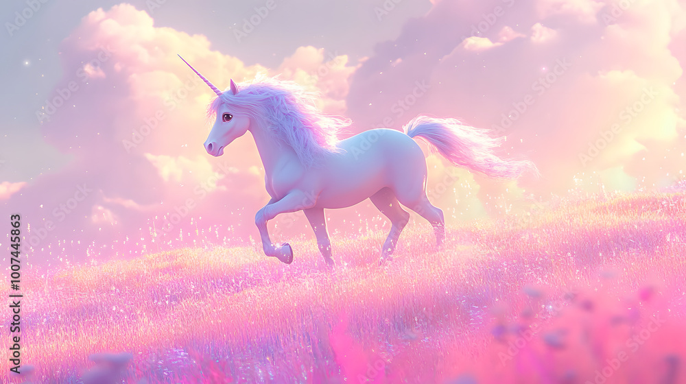 A Cute Photo-Realistic Unicorn with a Glittering Mane Trotting in a Bright Pastel Field with Cotton-Candy Clouds A Cute Photo-Realistic Unicorn with a Glittering Mane Trotting in a Bright Pastel Field with Cotton-Candy Clouds