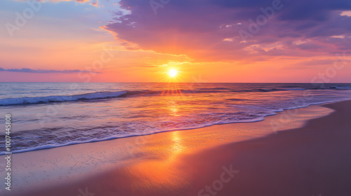 A Tranquil Sunset Over a Deserted Beach with Vibrant Sky Colors and Gentle Waves on the Shore