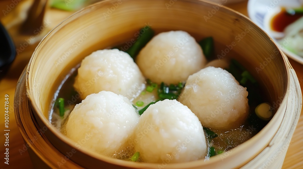 A delightful arrangement of four white fish balls, beautifully presented on a clean plate. These fish balls exhibit a smooth, round shape and a pristine white color, showcasing their freshness A delightful arrangement of four white fish balls, beautifully presented on a clean plate. These fish balls exhibit a smooth, round shape and a pristine white color, showcasing their freshness