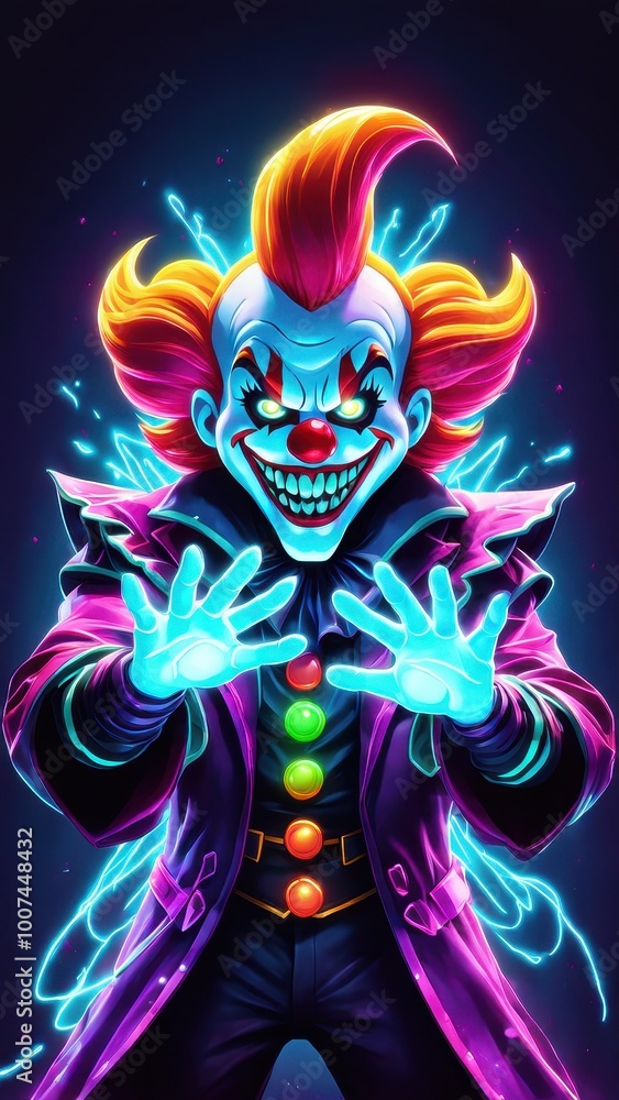 A vibrant, neon clown with glowing hands, exuding a playful yet eerie energy. A vibrant, neon clown with glowing hands, exuding a playful yet eerie energy.
