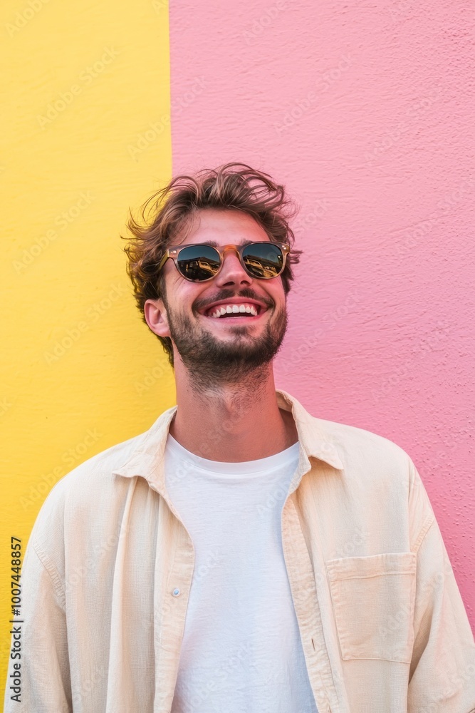 Stylish young man in sunglasses smiling while standing against colorful wall Stylish young man in sunglasses smiling while standing against colorful wall