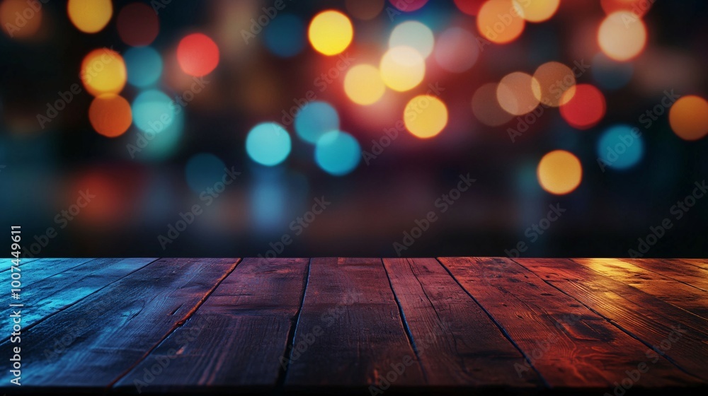 Wooden Tabletop with Blurred Bokeh Lights Wooden Tabletop with Blurred Bokeh Lights
