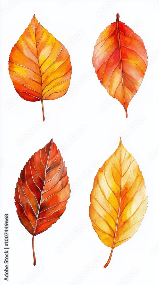 Obraz premium Four beautifully illustrated autumn leaves showcasing vibrant red and orange hues against a clean white background