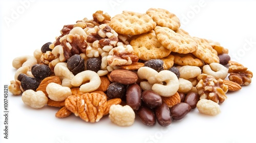 Crunchy snack mix featuring assorted nuts, crackers, and dried fruits displayed on a white background