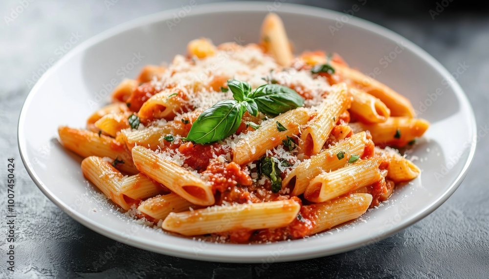 Delicious Pasta With Tomato Sauce, Basil, And Cheese Served On Gray Textured Table In A Flat Lay Presentation. Delicious Pasta With Tomato Sauce, Basil, And Cheese Served On Gray Textured Table In A Flat Lay Presentation.