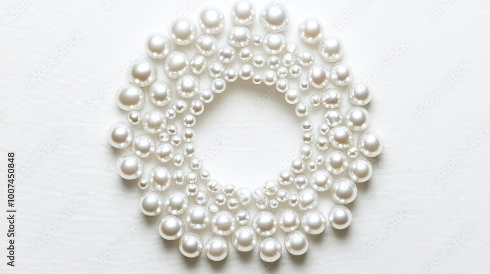 A dazzling array of lustrous pearls forming a circular pattern, set on a clean white background, evoking elegance and refinement A dazzling array of lustrous pearls forming a circular pattern, set on a clean white background, evoking elegance and refinement
