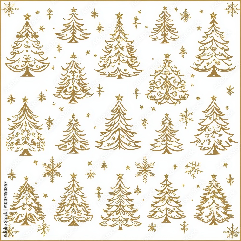 Obraz premium christmas tree seamless pattern, drawing of golden christmas trees on white background, graphic design, illustration, wallpaper, background