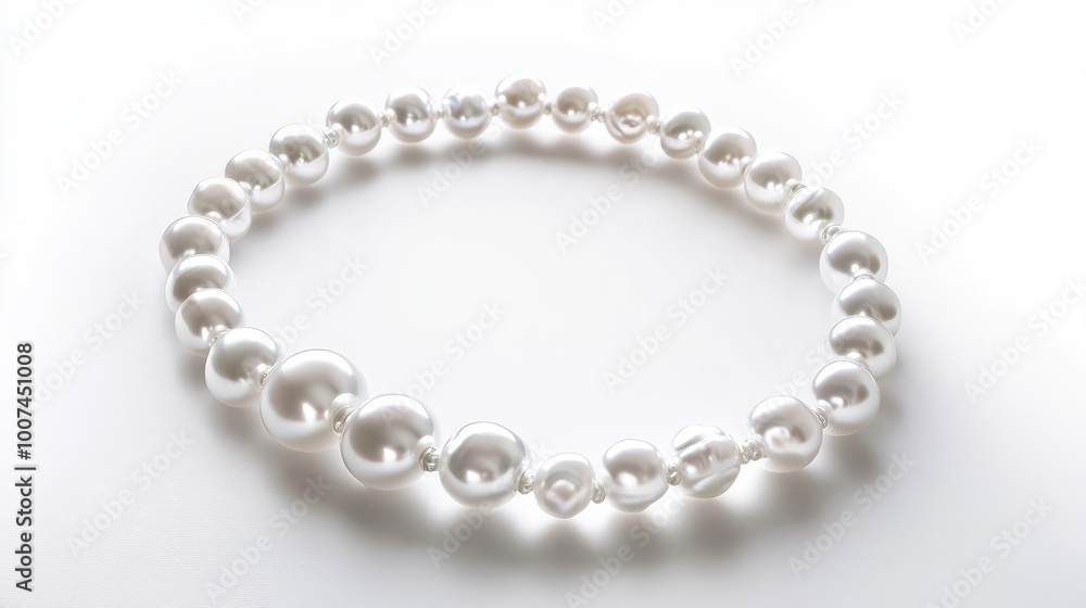 A luxurious circle of pearls forming a stunning trail on a white background, each pearl reflecting light in a delicate, refined manner A luxurious circle of pearls forming a stunning trail on a white background, each pearl reflecting light in a delicate, refined manner