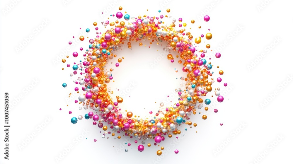 A mesmerizing circle trail of bright, colorful spheres arranged in a perfect loop on a white background, evoking energy and movement A mesmerizing circle trail of bright, colorful spheres arranged in a perfect loop on a white background, evoking energy and movement