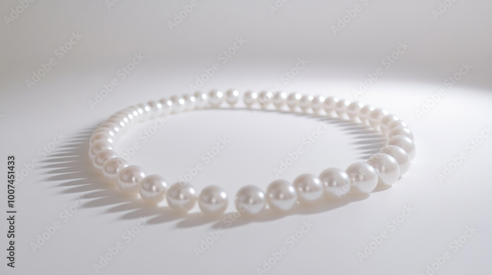 A radiant circle of pearls forming a stunning trail on a clean white backdrop, showcasing their elegance and soft luster A radiant circle of pearls forming a stunning trail on a clean white backdrop, showcasing their elegance and soft luster