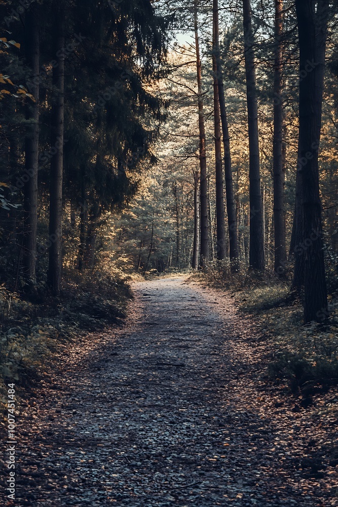 Fototapeta premium Sunlight through the trees in a forest path, moody, mysterious