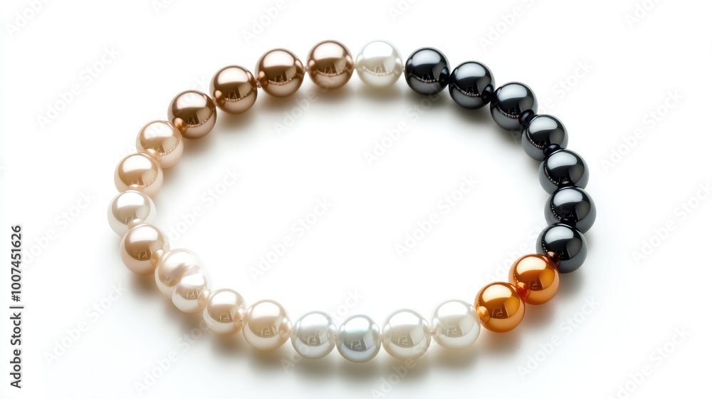 A radiant trail of pearls in various shades forming a perfect circle on a white backdrop, symbolizing beauty, purity, and elegance A radiant trail of pearls in various shades forming a perfect circle on a white backdrop, symbolizing beauty, purity, and elegance