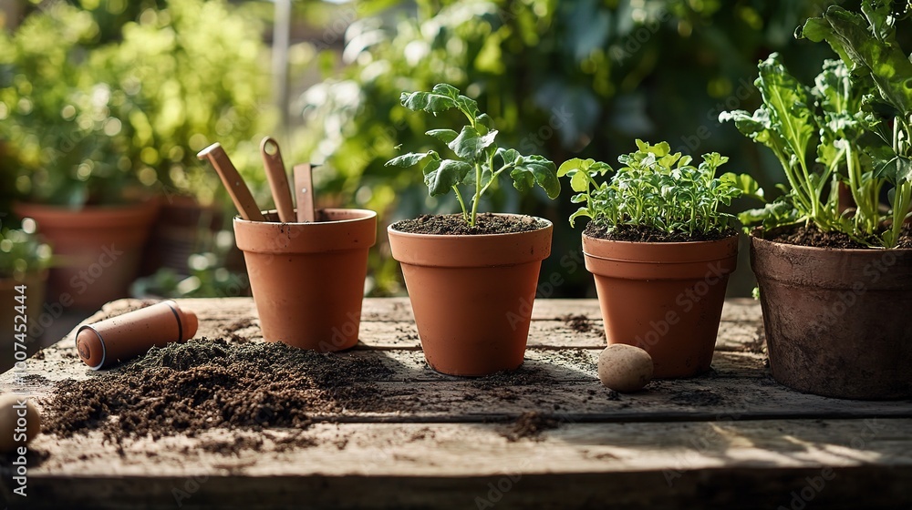 Fresh Herbs and Plants in Sunlit Garden Pots Fresh Herbs and Plants in Sunlit Garden Pots