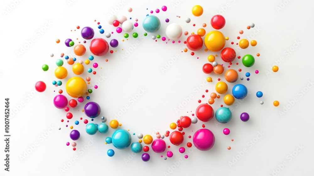 Obraz premium Colorful spheres arranged in a radiant circle on a white backdrop, forming a dynamic trail that symbolizes creativity and vitality