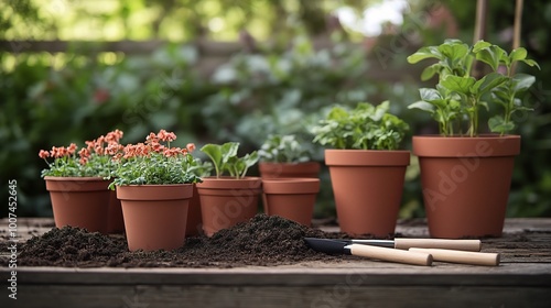 Potted Plants in Garden Setting with Gardening Tools