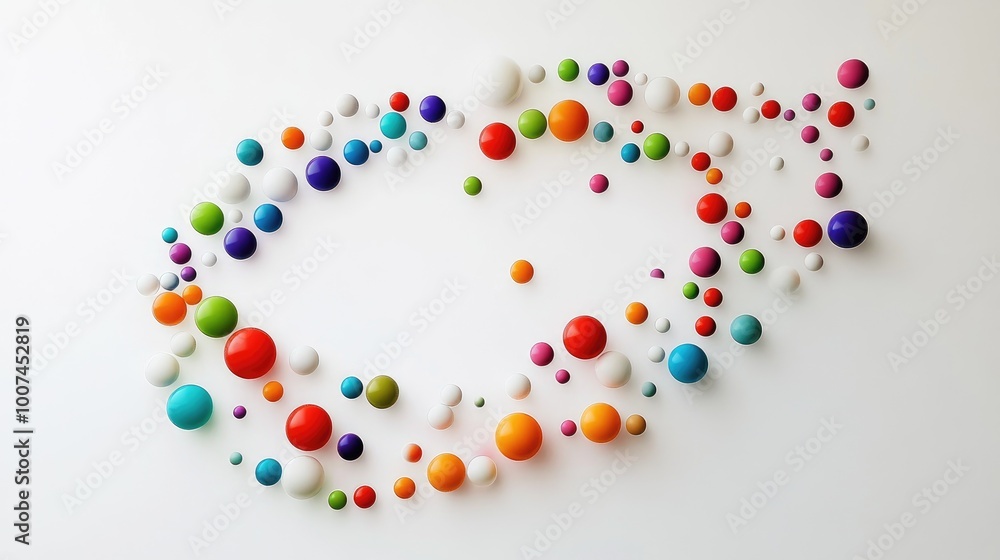 Vibrant spheres of various colors arranged in a perfect circular trail, floating on a minimalist white background, exuding playfulness Vibrant spheres of various colors arranged in a perfect circular trail, floating on a minimalist white background, exuding playfulness