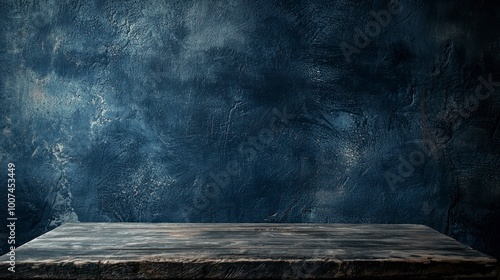 Empty wooden table with dark muted blue wall background photo