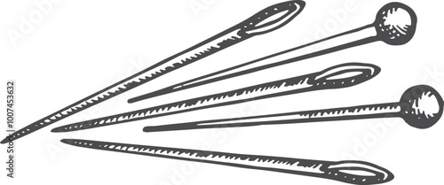 Sewing pins and needles black engraving. Handmade tools