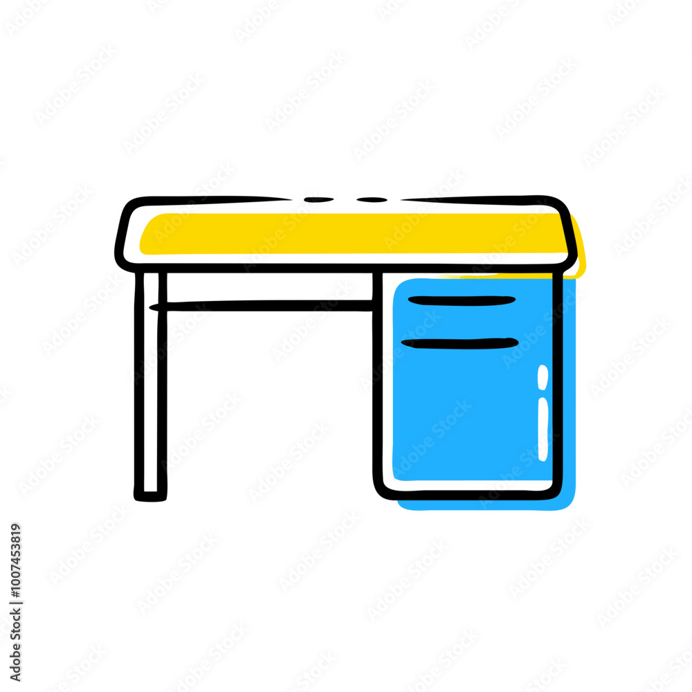 A desk with a blue drawer and yellow top. The desk is drawn in a cartoon style A desk with a blue drawer and yellow top. The desk is drawn in a cartoon style