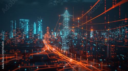 Interconnected electricity power grid visualized alongside stock market performance trends