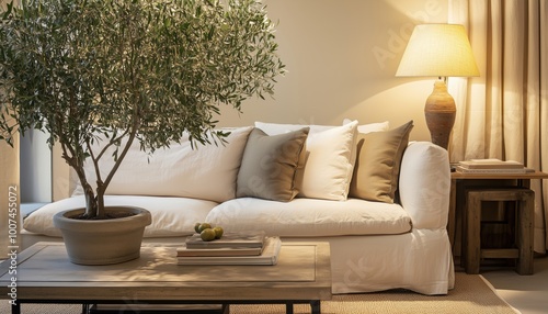 Cozy Armchair With Pillows, Stylish Lamp, Ornamental Olive Tree, And Coffee Table By Sheer Curtain In Living Room photo