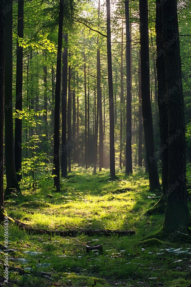 Fototapeta premium Sunbeams through tall trees in a green forest