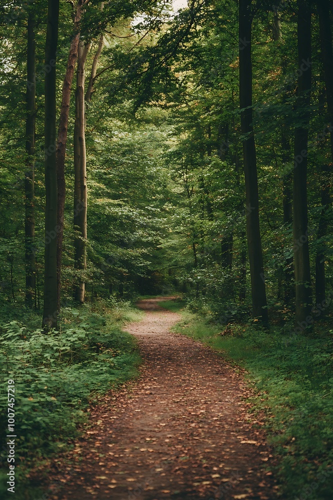 Path through lush green forest, nature background, trees, woodland trail Path through lush green forest, nature background, trees, woodland trail