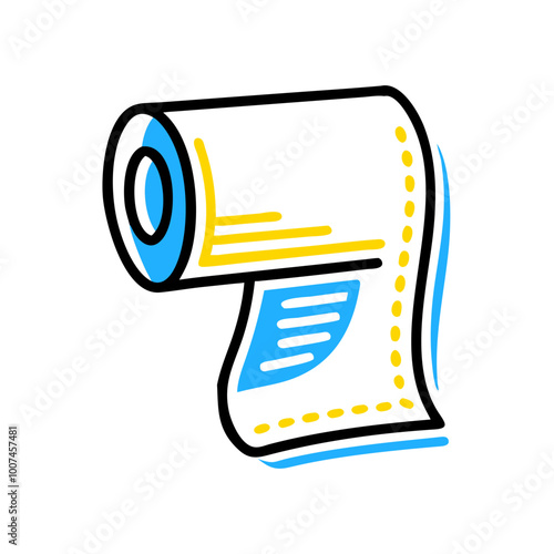 A roll of toilet paper with a blue and yellow border. The toilet paper is unopened and has a white label