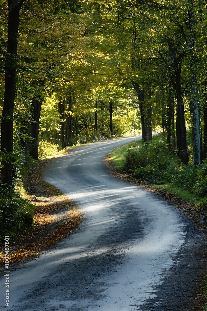 Fototapeta premium Winding Road Through Lush Green Forest in Summer