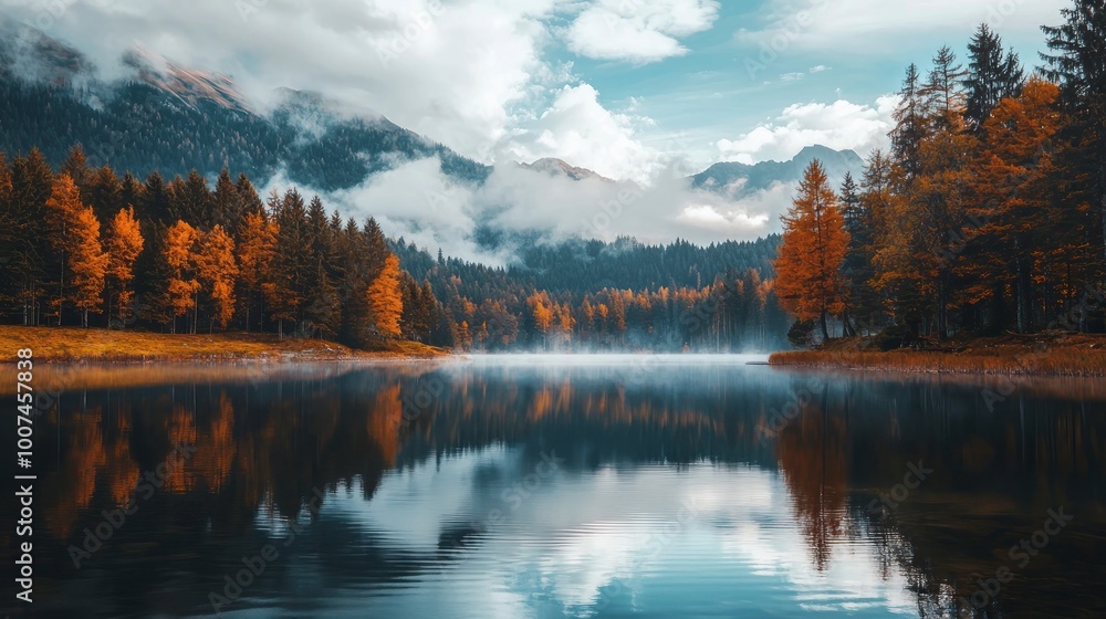 Fototapeta premium Autumn mountain landscape with lake and forest reflections