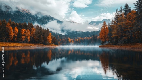 Autumn mountain landscape with lake and forest reflections