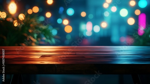 Wooden Tabletop with Blurred City Lights at Night