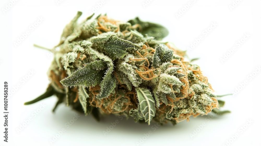 Macro shot of cannabis bud with frosty trichomes and orange hairs on a white background