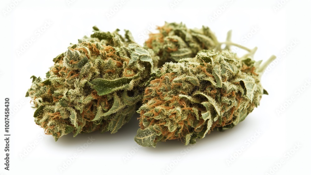 Two cannabis buds with orange pistils and trichomes isolated on white background
