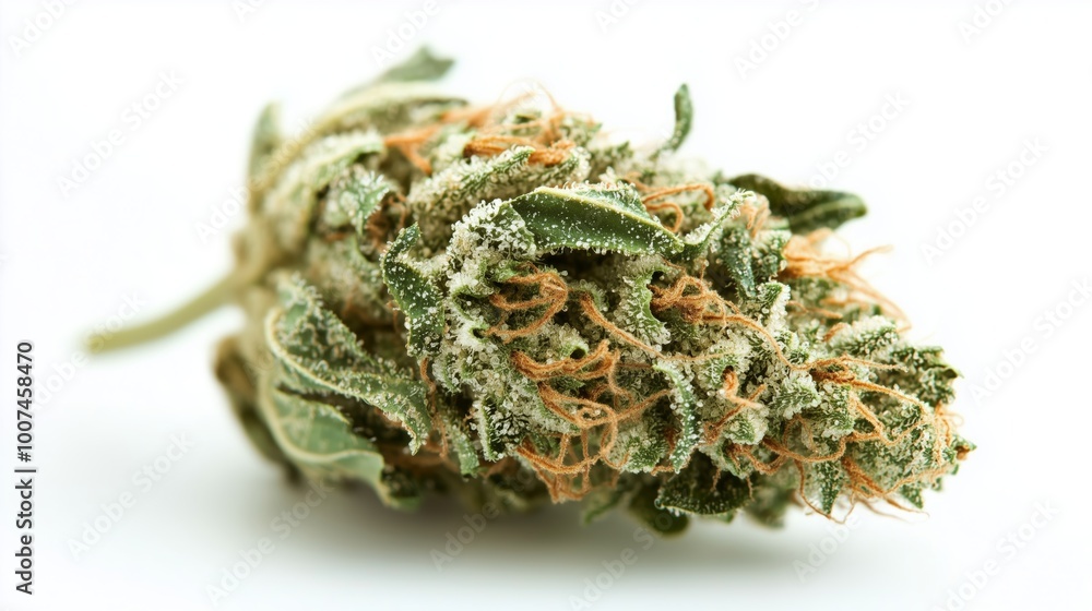 Macro shot of a single frosty cannabis bud with orange pistils on a white background