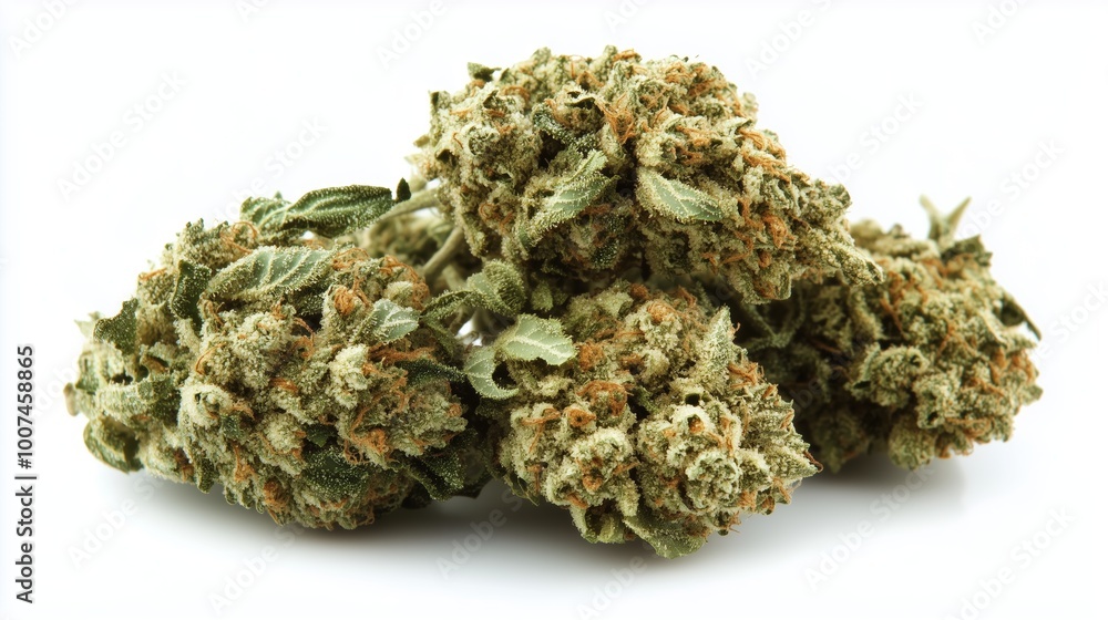 Pile of dried cannabis buds with orange hairs and frosty trichomes on a white background Pile of dried cannabis buds with orange hairs and frosty trichomes on a white background