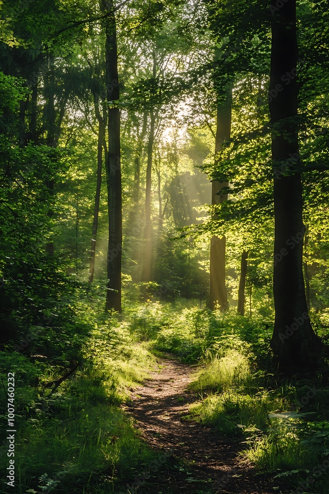 Fototapeta premium Sunbeams through trees in a lush forest with path in the middle