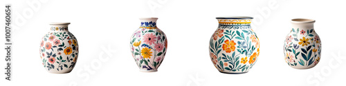 Decorative ceramic jars with floral patterns, white isolate background