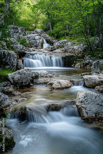 Tranquil cascading waterfall flowing through a lush green forest, creating a beautiful serene natural landscape