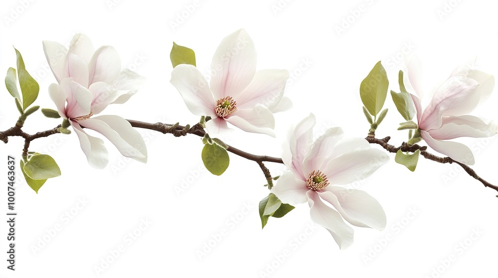 Obraz premium A simple and elegant branch of blooming magnolias, featuring delicate white and pink petals that stand out beautifully against a pristine white background. 
