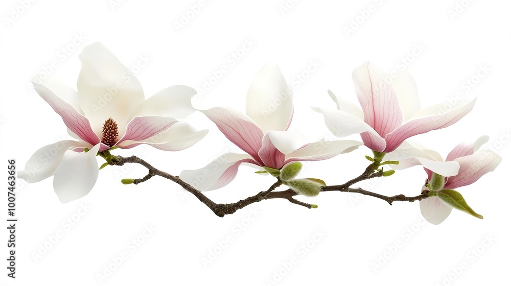 Fototapeta premium A simple and elegant branch of blooming magnolias, featuring delicate white and pink petals that stand out beautifully against a pristine white background. 