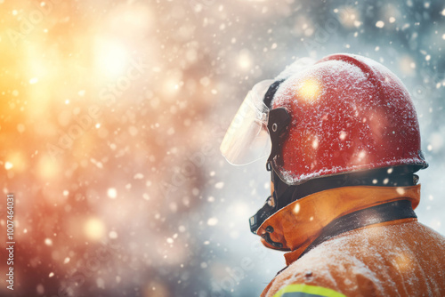 A firefighter in snow, with bright warm lights in the background, highlighting heroism and emergency response.