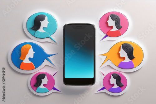 teléfono móvil coloridas burbujas de notificaciones de chat con fondo plano Ilustración 3D siluetas
