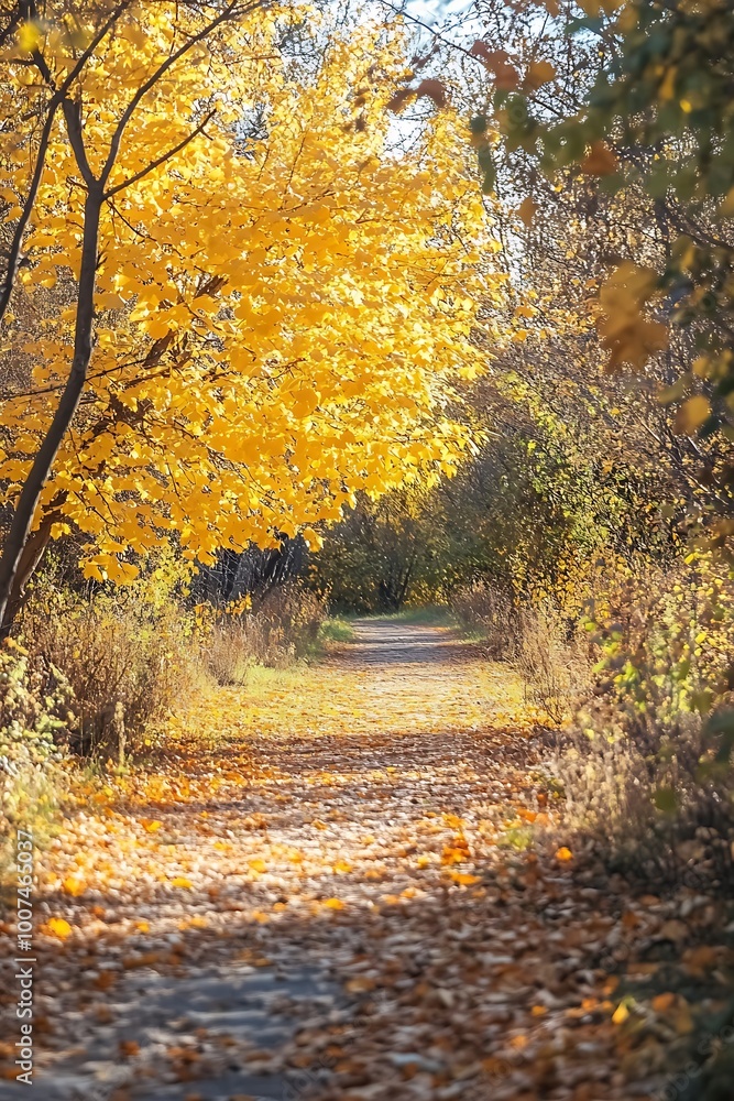 Pathway through golden autumn trees with sun shining through leaves Pathway through golden autumn trees with sun shining through leaves