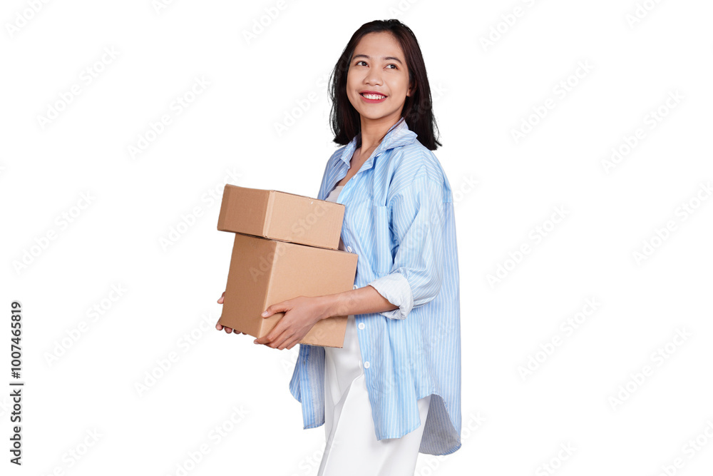 Asian woman smiling holding box package isolated transparent Asian woman smiling holding box package isolated transparent