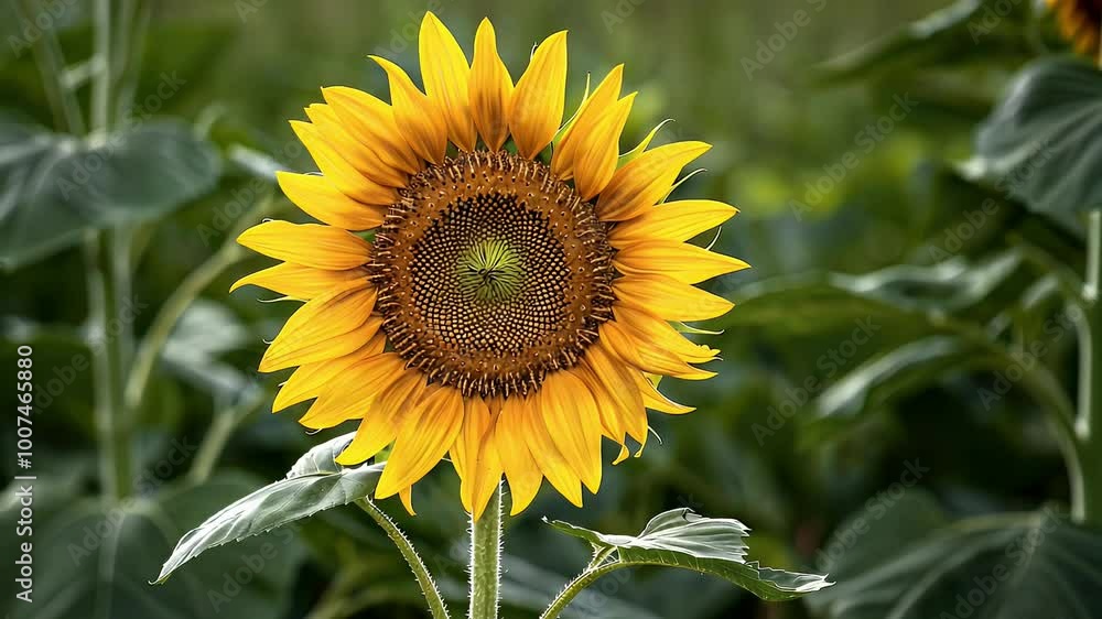 A single sunflower with yellow petals and a brown center stands out against a background of green leaves. A single sunflower with yellow petals and a brown center stands out against a background of green leaves.