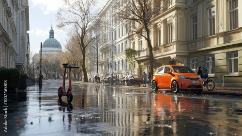 Electric Scooters and Bikes in a Bustling Urban Street Scene