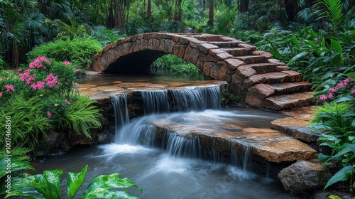 Stone Bridge and Cascading Waterfall in a Lush Garden