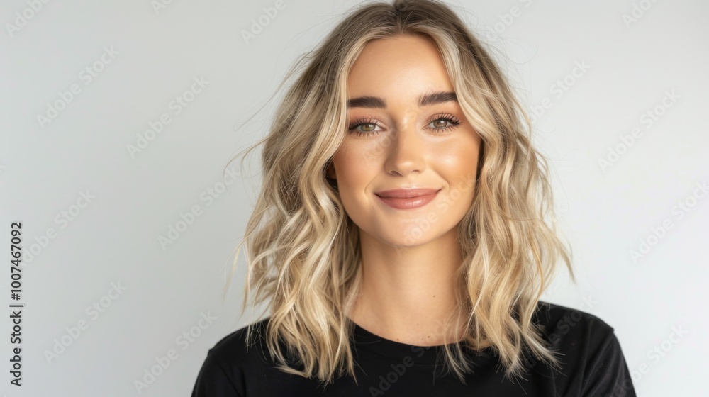 A cheerful woman with wavy blonde hair, glowing skin, and natural makeup smiles gently while standing against a clean white backdrop; exuding confidence and warmth. A cheerful woman with wavy blonde hair, glowing skin, and natural makeup smiles gently while standing against a clean white backdrop; exuding confidence and warmth.